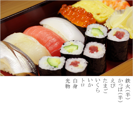 鉄火（半）、かっぱ（半）、えび、たまご、いくら、いか、トロ、白身、光物
